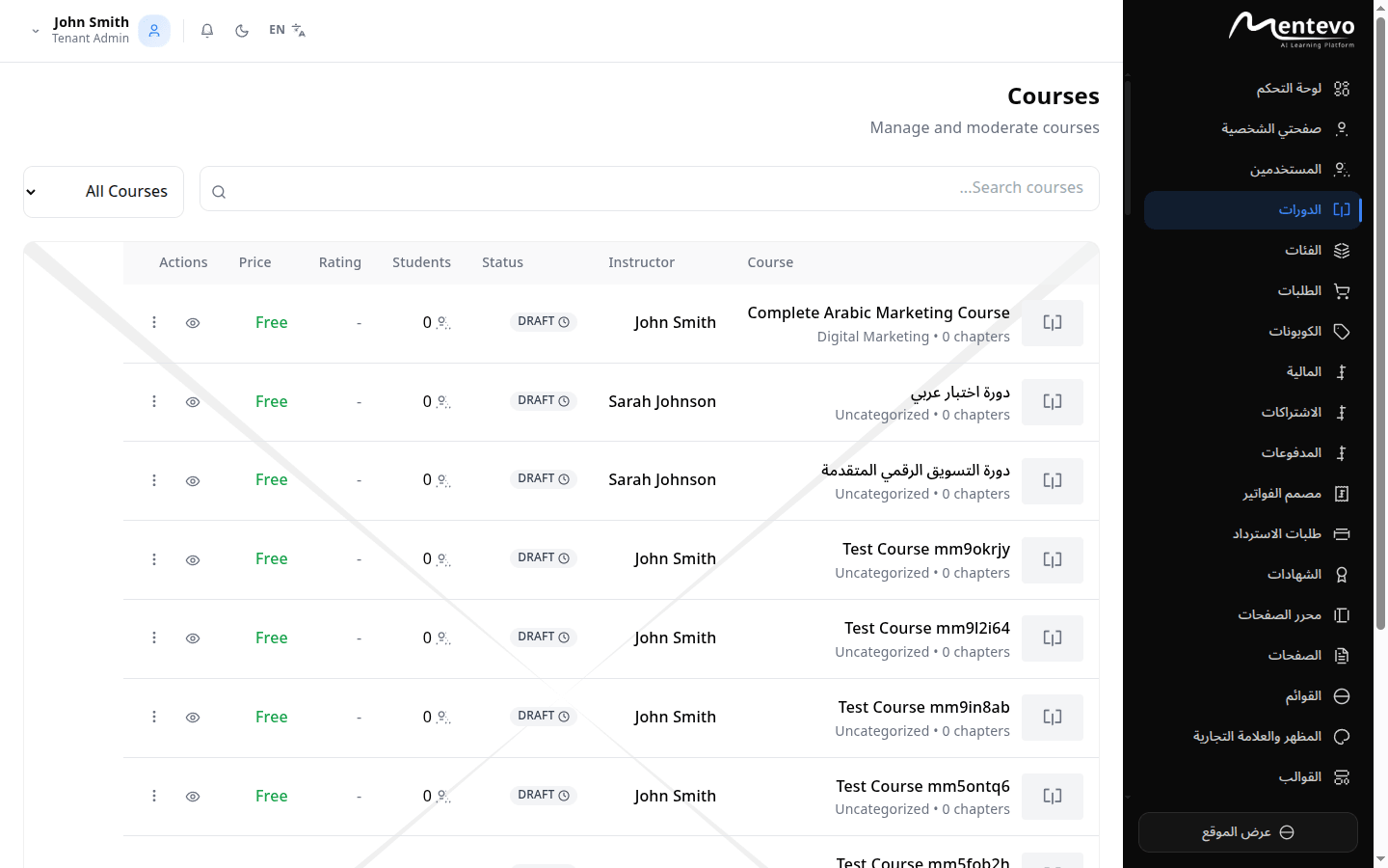 Mentevo Arabic RTL Dashboard